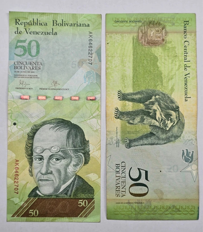 Venezuela 50 Bolívares Fuertes (2015 Issue / Simón Rodríguez & Spectacled Bear)