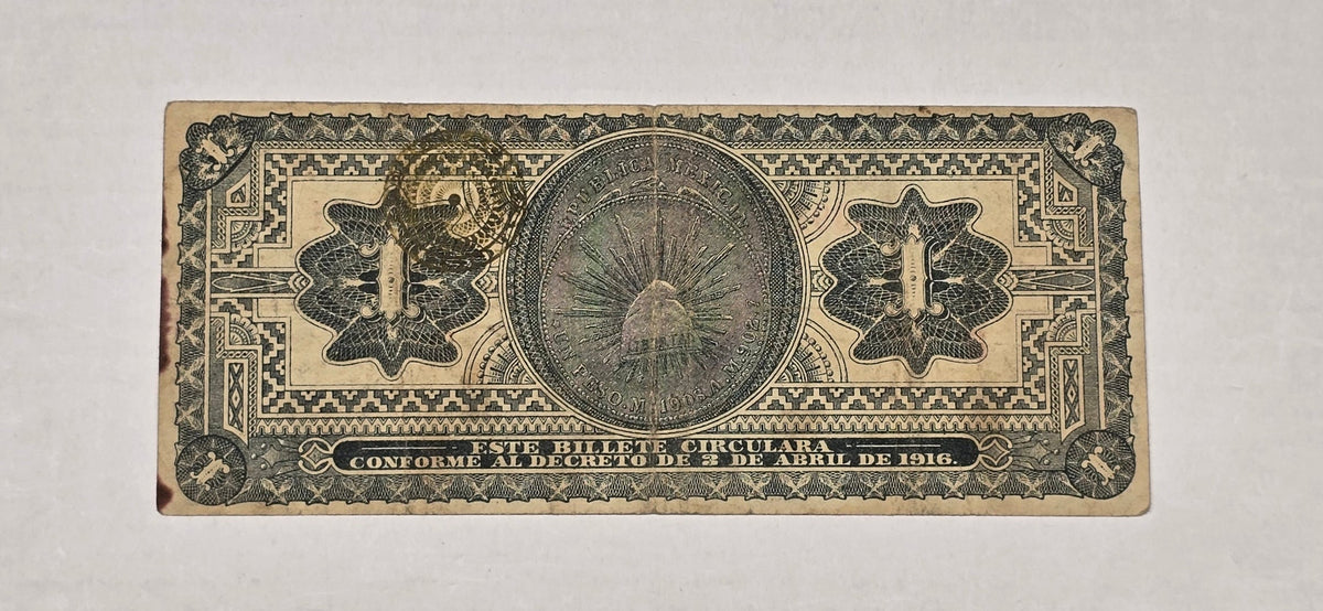 1916 Mexico 1 Peso Banknote Infalsificable Issue, Gobierno Provisional VF (201)