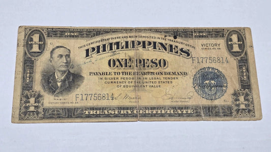 Philippines 1944 1 Peso "VICTORY" Treasury Certificate Signed Bernard Bernstein