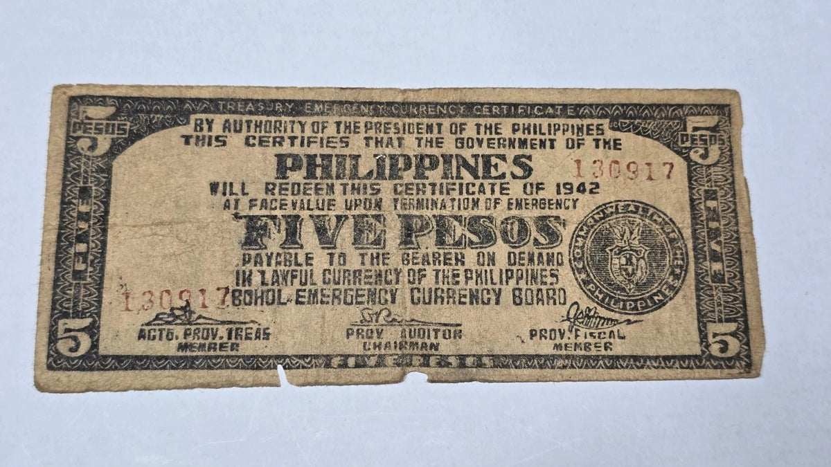 Philippines WWII 1942 5 Pesos Guerrilla Bohol Emergency Currency Certificate