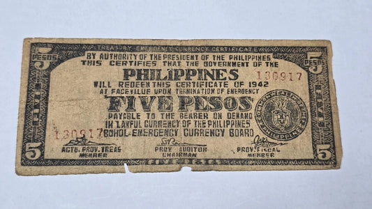 Philippines WWII 1942 5 Pesos Guerrilla Bohol Emergency Currency Certificate