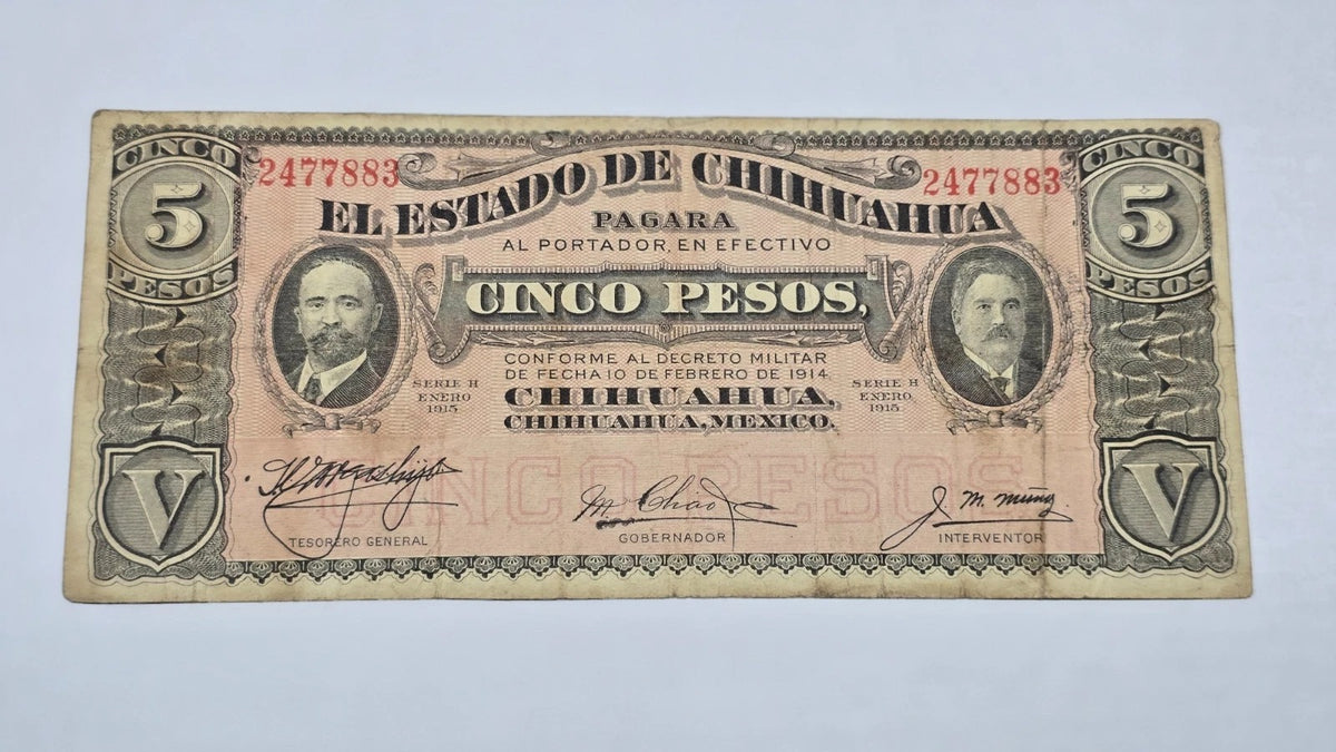 Mexico – State of Chihuahua 1915 5 Pesos "Dos Caritas" (Serie H, 883)