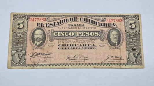 Mexico – State of Chihuahua 1915 5 Pesos "Dos Caritas" (Serie H, 883)