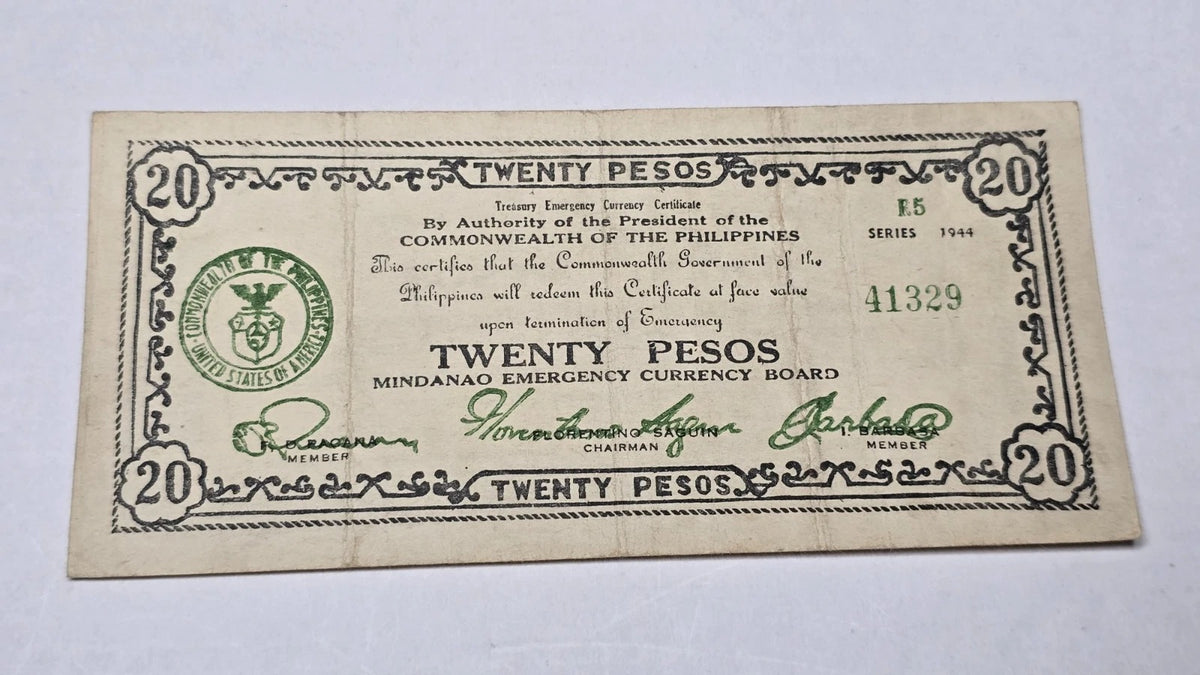 Philippines WWII 1944 20 Pesos Guerilla Mindanao Emergency Currency Certificate