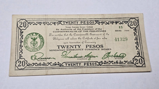 Philippines WWII 1944 20 Pesos Guerilla Mindanao Emergency Currency Certificate