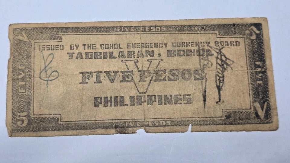 Philippines WWII 1942 5 Pesos Guerrilla Bohol Emergency Currency Certificate