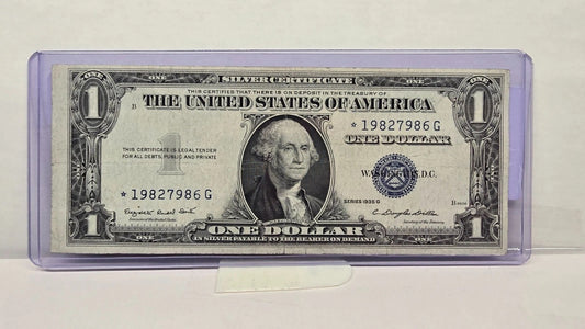 Share Series 1935G $1 Silver Cert. Star Note (986J)– With Motto & Obverse Misalignment