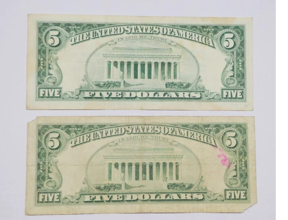 Pair 1963 $5 Red Seal Star Notes Fr. 1536* - Low Serial Replacements (876A&491A)