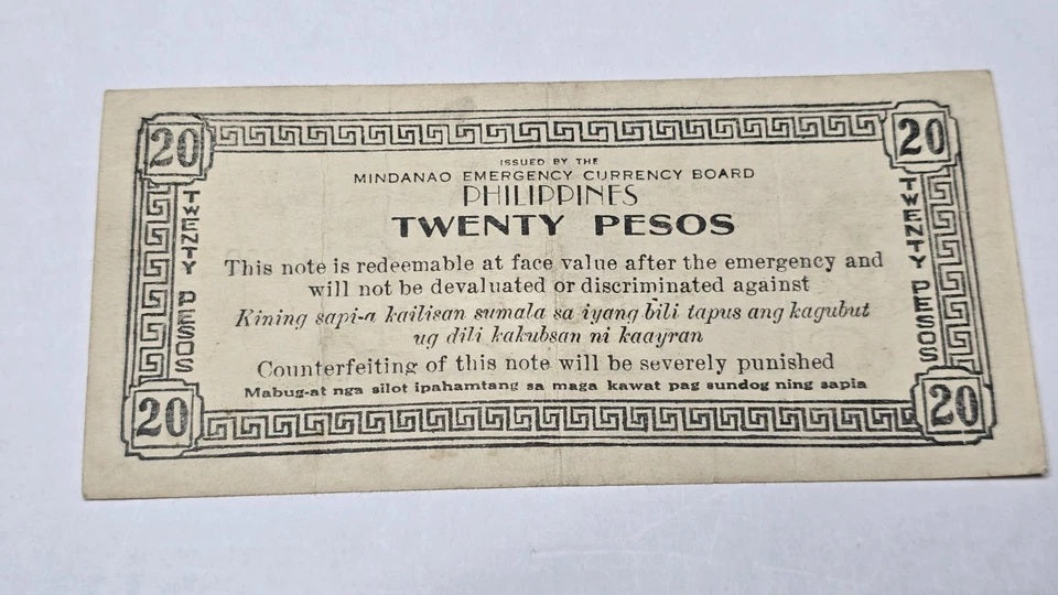 Philippines WWII 1944 20 Pesos Guerilla Mindanao Emergency Currency Certificate
