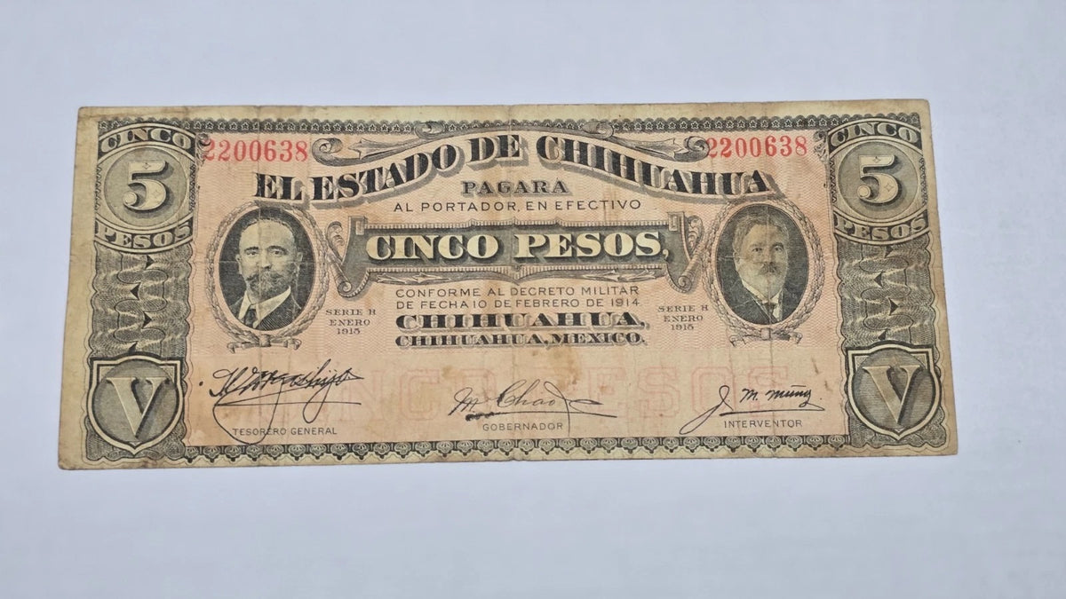 Mexico – State of Chihuahua 1915 5 Pesos "Dos Caritas" (Serie H, 638)