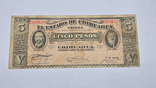 Mexico – State of Chihuahua 1915 5 Pesos "Dos Caritas" (Serie H, 638)