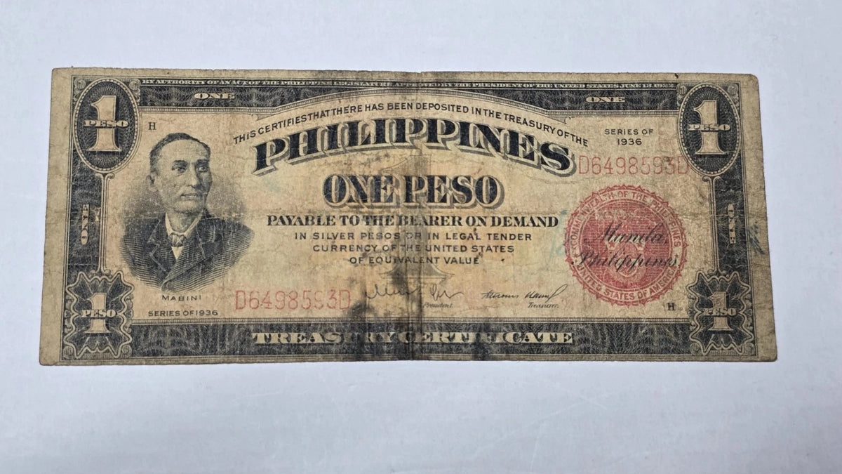 Philippines 1936 1 Peso Treasury Certificate (Pre-WWII Commonwealth Issue)