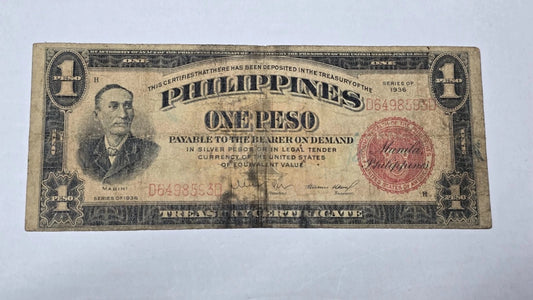 Philippines 1936 1 Peso Treasury Certificate (Pre-WWII Commonwealth Issue)