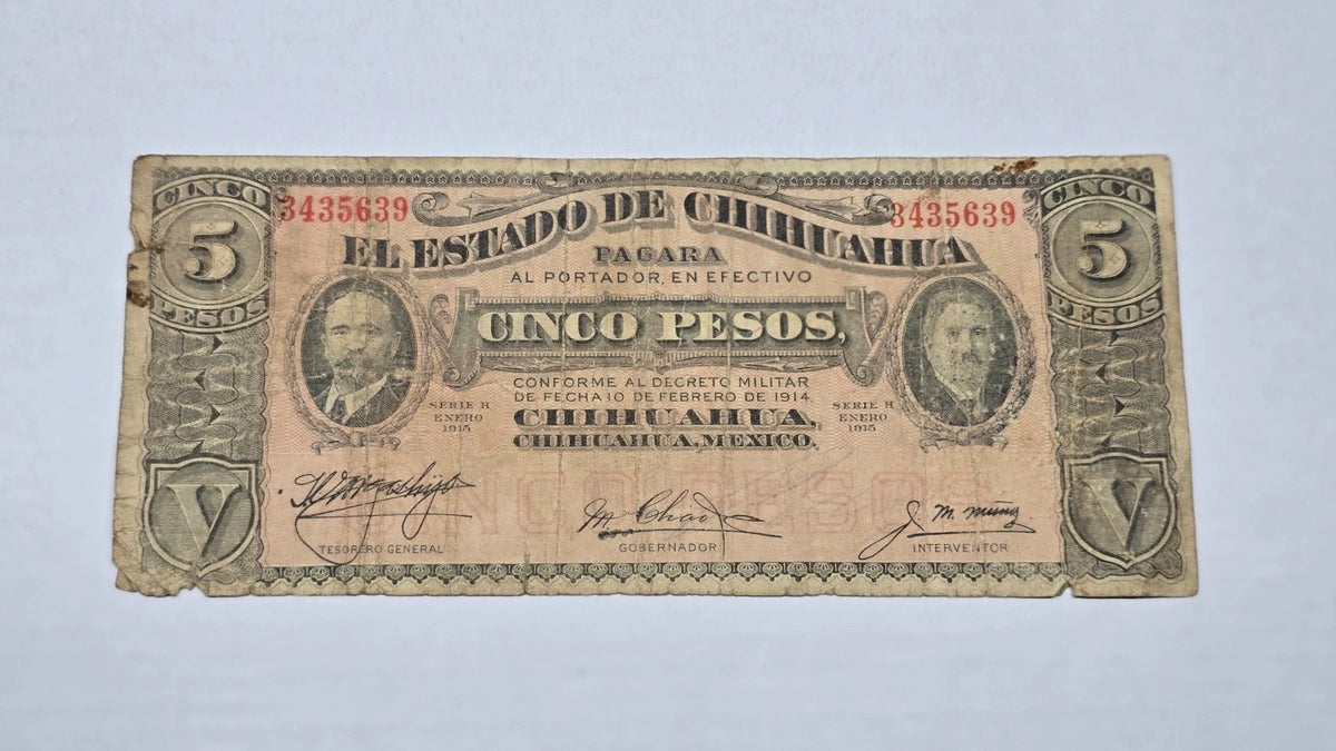 Share Mexico – State of Chihuahua 1915 5 Pesos "Dos Caritas" (H,5-10-15 Date stamp) (639)