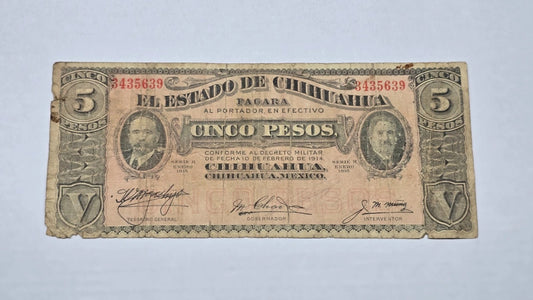 Share Mexico – State of Chihuahua 1915 5 Pesos "Dos Caritas" (H,5-10-15 Date stamp) (639)