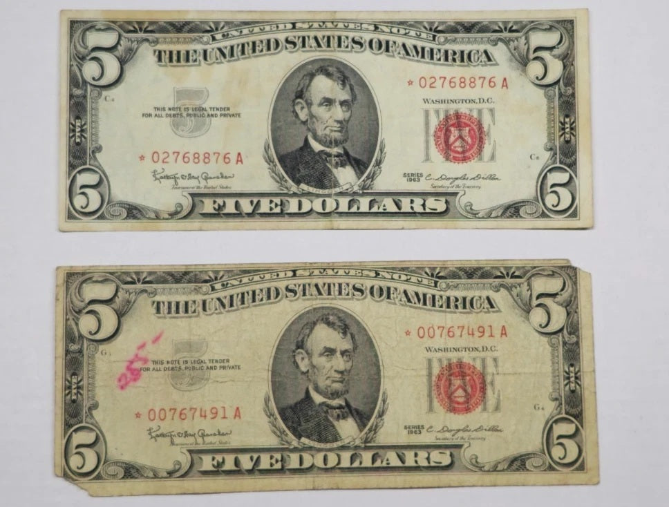 Pair 1963 $5 Red Seal Star Notes Fr. 1536* - Low Serial Replacements (876A&491A)