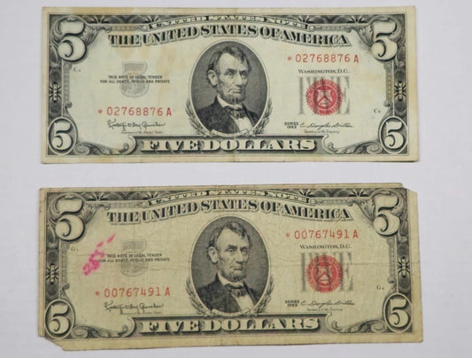 Pair 1963 $5 Red Seal Star Notes Fr. 1536* - Low Serial Replacements (876A&491A)