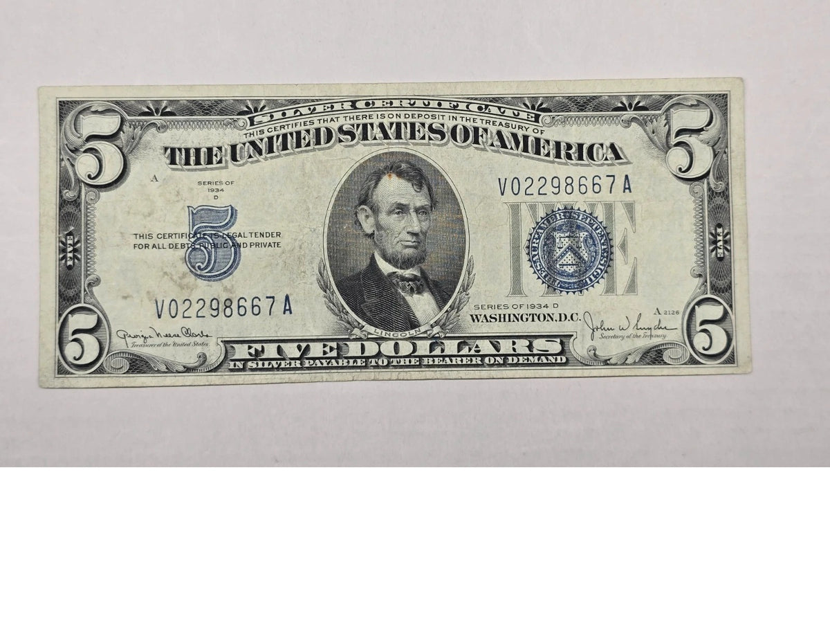 Series 1934D $5 Silver Certificate CLEAN &amp; CRISP (667A) (Blue Seal)