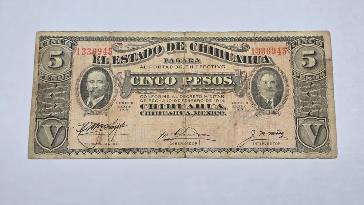 Mexico – State of Chihuahua 1915 5 Pesos "Dos Caritas" (Serie H, 945)