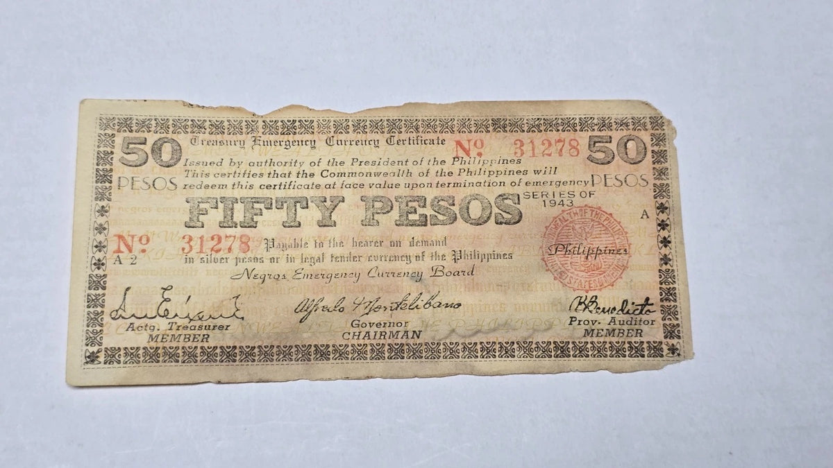 Philippines WWII 1943 50 Pesos Negros Emergency Guerrilla Currency Certificate