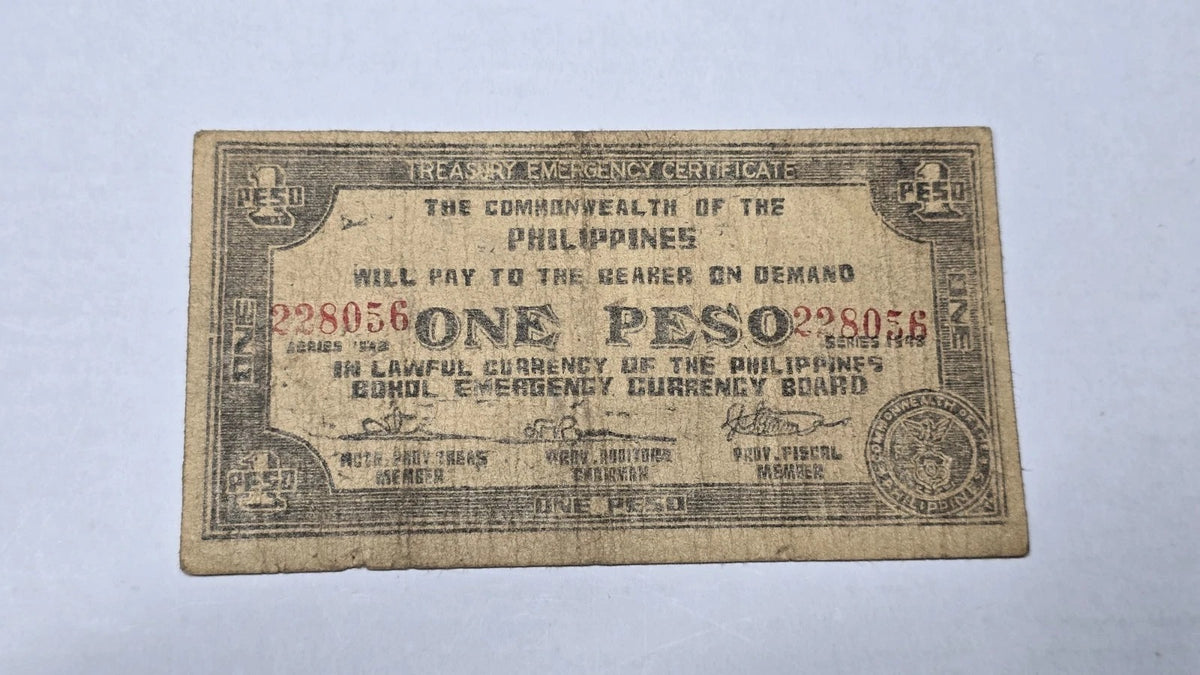 Philippines WWII 1942 1 Peso Guerrila Bohol Emergency Currency Certificate