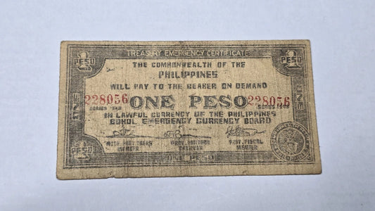 Philippines WWII 1942 1 Peso Guerrila Bohol Emergency Currency Certificate