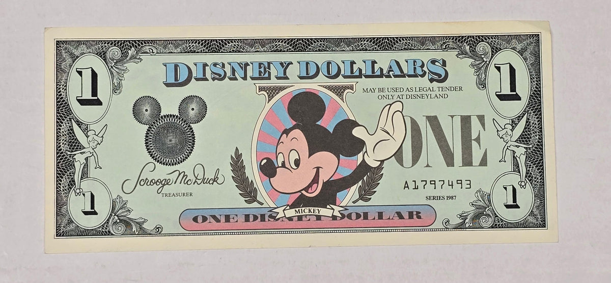 1987 $1 Disney Dollar FIRST YEAR Mickey Mouse Disneyland, "A" Prefix, Crisp UNC