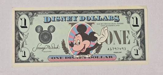1987 $1 Disney Dollar FIRST YEAR Mickey Mouse Disneyland, "A" Prefix, Crisp UNC