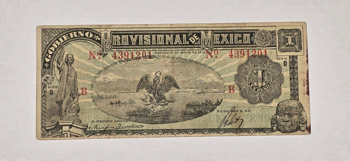 1916 Mexico 1 Peso Banknote Infalsificable Issue, Gobierno Provisional VF (201)