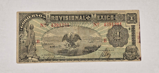 1916 Mexico 1 Peso Banknote Infalsificable Issue, Gobierno Provisional VF (201)