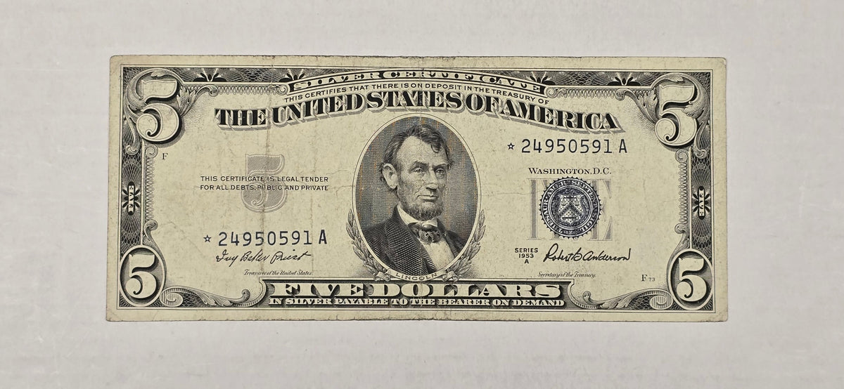 1953A $5 Silver Certificate STAR NOTE Blue Seal (591A) VF20