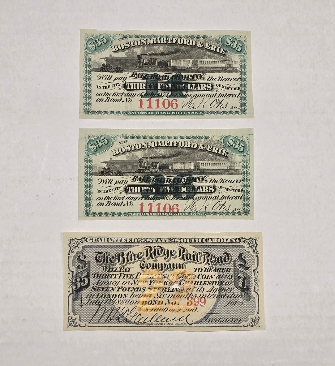 1869-1871 Railroad Bond Coupons Lot 3 Blue Ridge SC Boston Hartford Erie