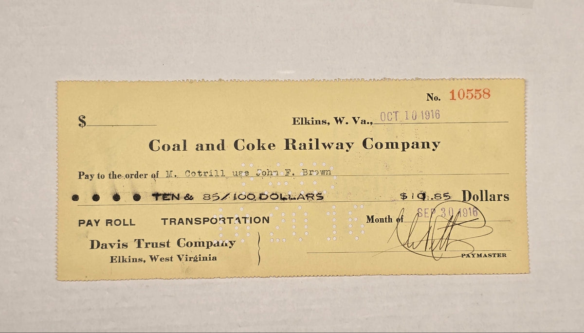 Vintage 1916 West Virginia Railroad Check Coal & Coke Railway Fallen Flag B&O