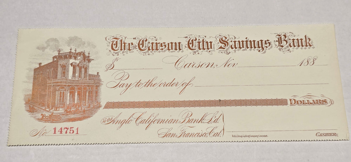 1880s Carson City NV Bank Draft Comstock Mining Era Unissued Check Britton & Rey