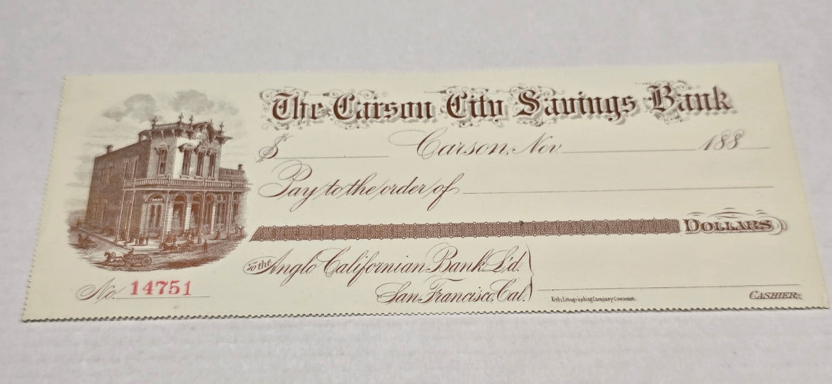 1880s Carson City NV Bank Draft Comstock Mining Era Unissued Check Britton & Rey