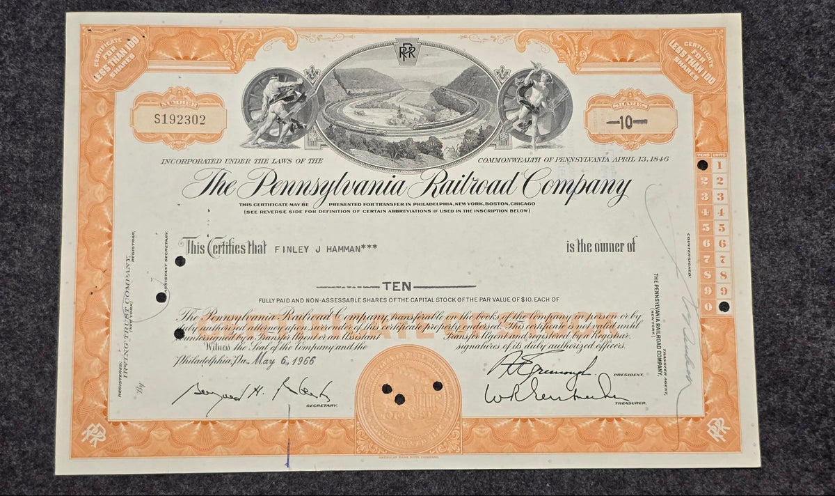 1966 Pennsylvania Railroad Company Stock Certificate PRR Horseshoe Curve