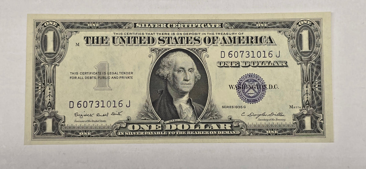 1935G $1 Silver Certificate Blue Seal, WITH MOTTO (016J) - Crisp Uncirculated