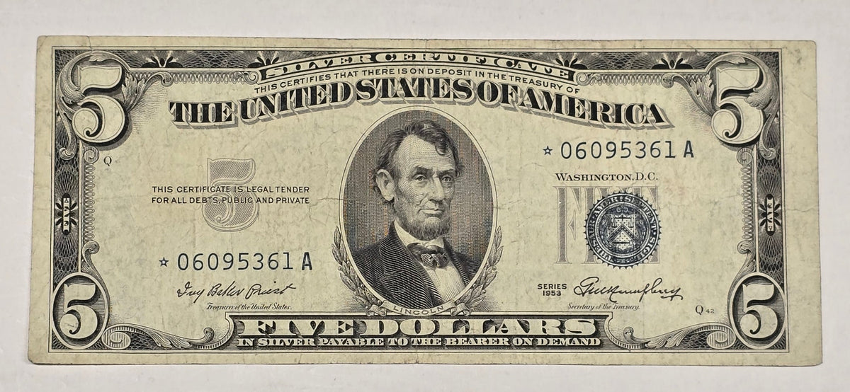 1953 $5 Silver Certificate Star Replacement Note Blue Seal (361A)
