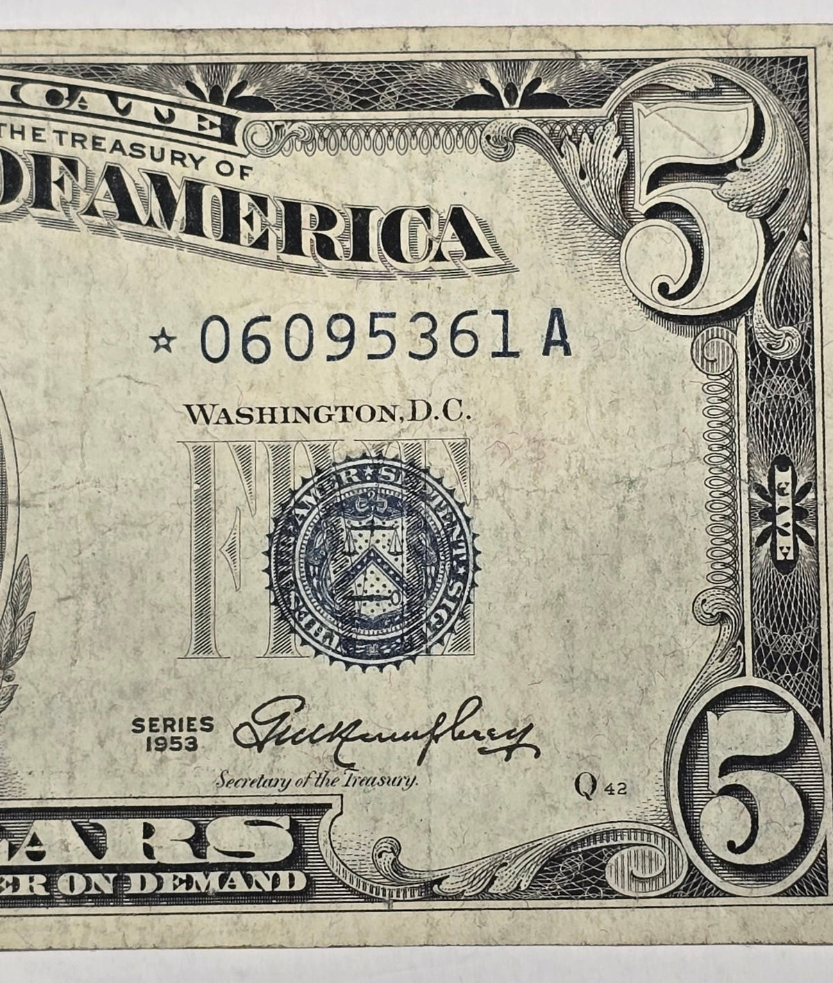 1953 $5 Silver Certificate Star Replacement Note Blue Seal (361A)