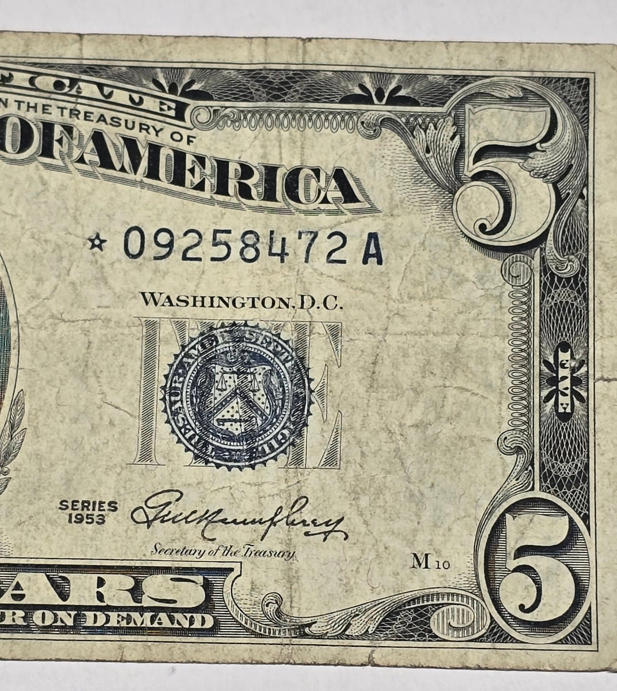 1953 $5 Silver Certificate Star Replacement Note - Circulated (472A)