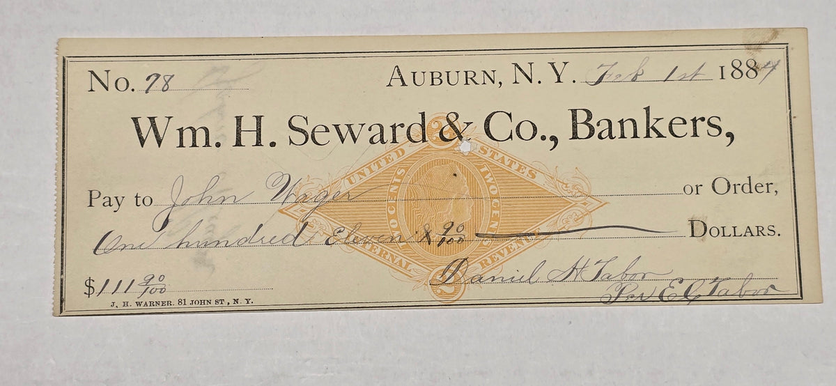 Civil War Era 1884 Wm H Seward & Co Bankers Check Auburn NY - Lincoln's Cabinet