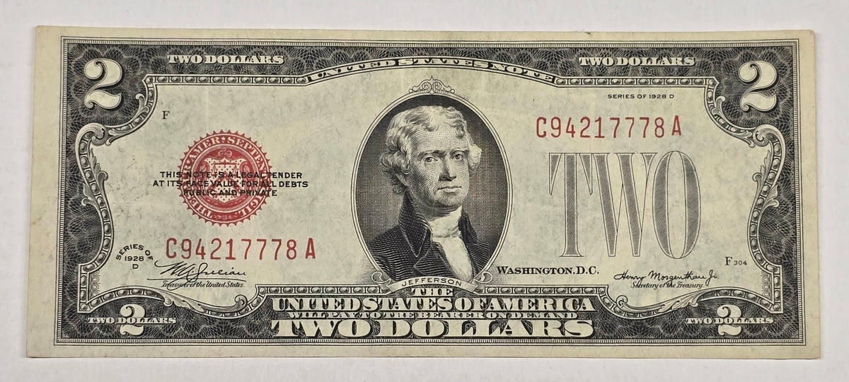 1928-D $2 Red Seal Bill Legal Tender Note "LUCKY 777s"- Crisp AU (778A)