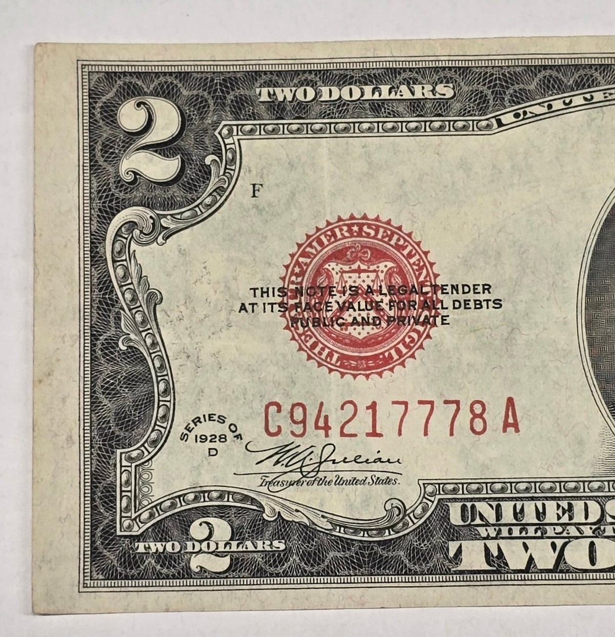 1928-D $2 Red Seal Bill Legal Tender Note "LUCKY 777s"- Crisp AU (778A)