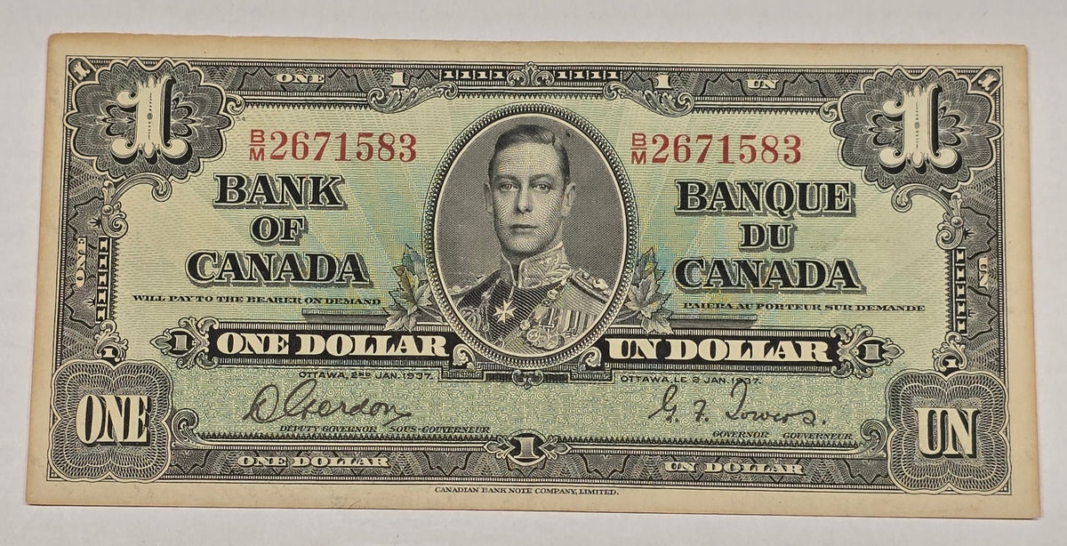 1937 Canada $1 Banknote King George VI Gordon Towers Pick 58b BC-21b Crisp UNC