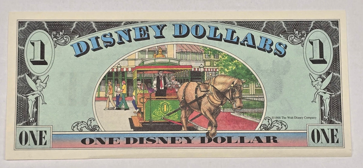 Series 1988 One Disney Dollar Bill Mickey Mouse Horse Drawn Streetcar Choice CU