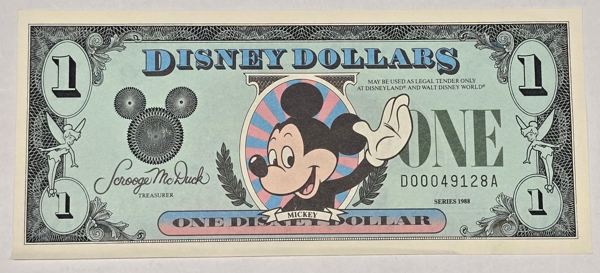 Series 1988 One Disney Dollar Bill Mickey Mouse Horse Drawn Streetcar Choice CU