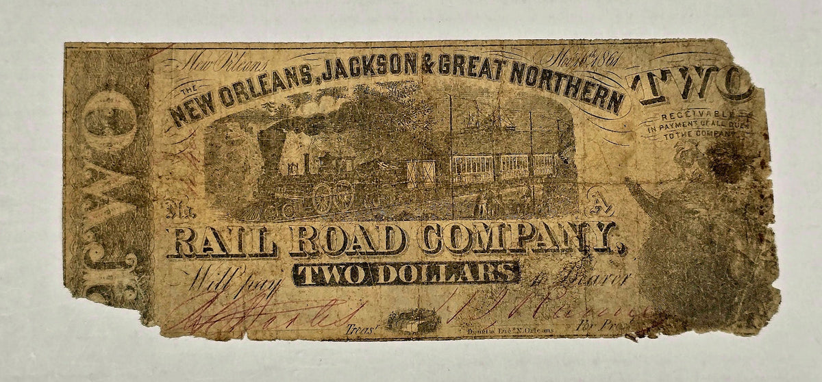 1861 $2 New Orleans Jackson RR Civil War Note Train Recycled Draft Back AG