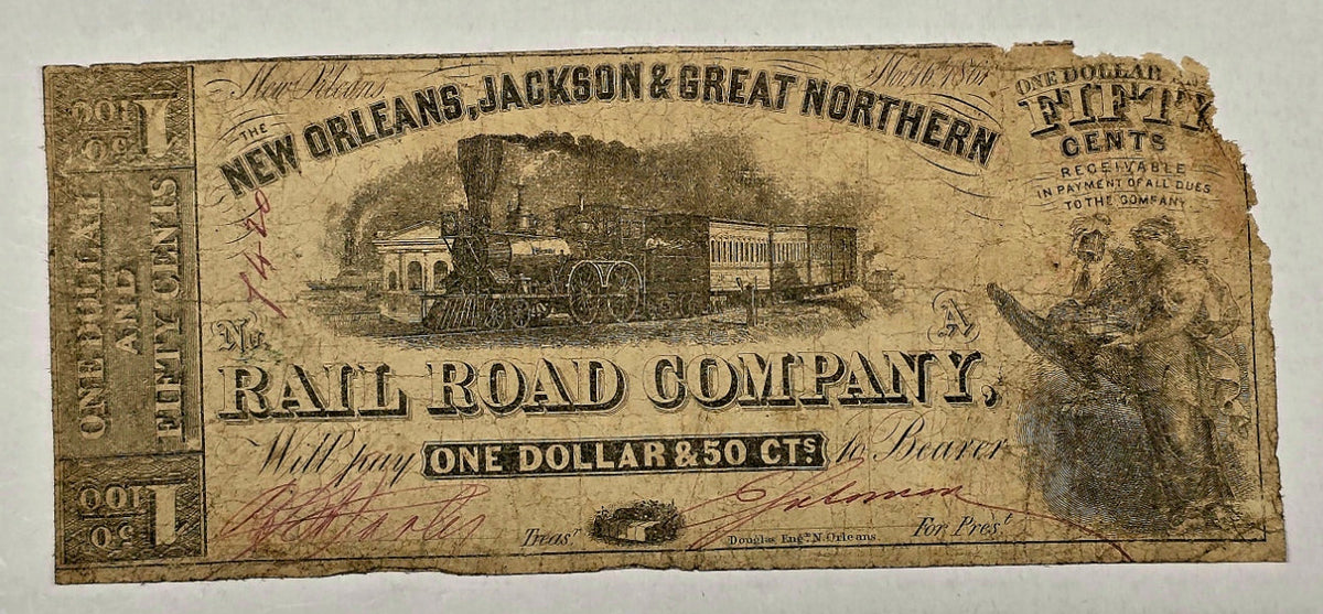 1861 $1.50 New Orleans Jackson RR Civil War Note Train Odd Denom Scrip AG Low