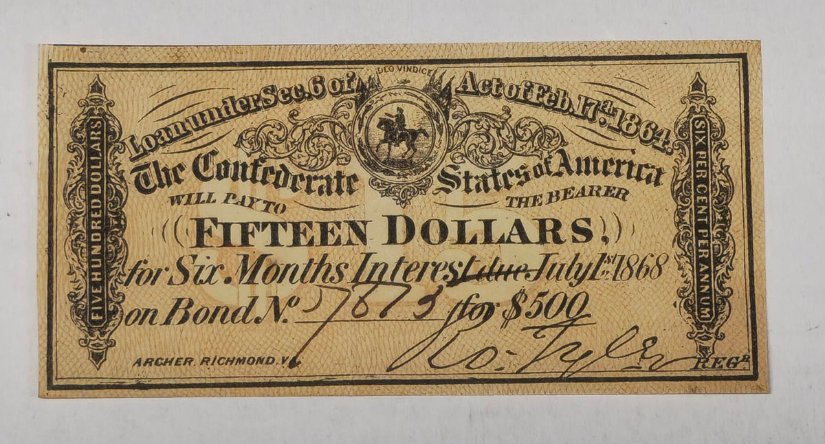 1864 $15 Confederate States America Bond Coupon Civil War Archer Seal CSA AU