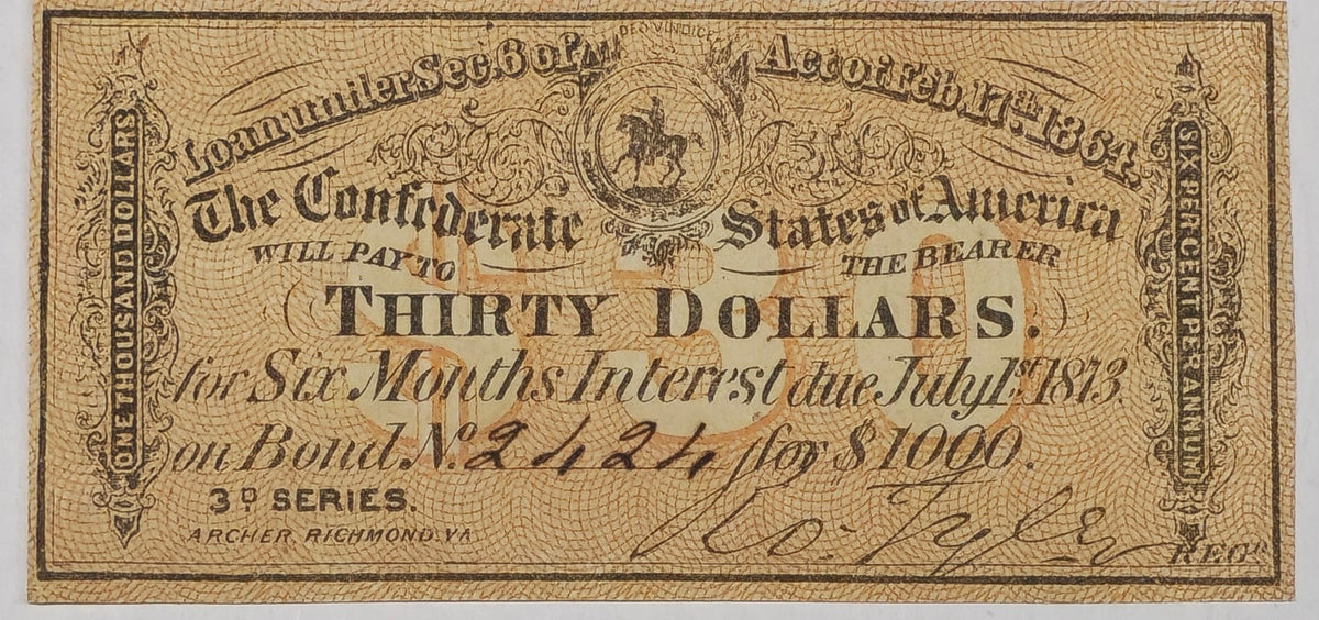 1864 $30 Confederate States America Bond Coupon Civil War Archer Seal CSA AU
